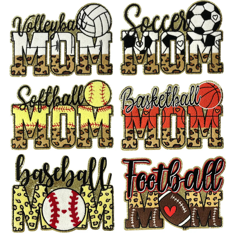 Wholesale Big MOM Chenille Patches Iron on Soccer Volleyball Basketball Softball Baseball MOM Patch for Clothing Heat Transfer