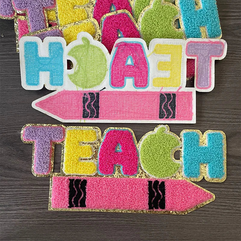 Wholesale Chenille Letter Patches Iron on Girl Colorful School Women Big Teach Pencil Letter Chenille Patch for Hoodies