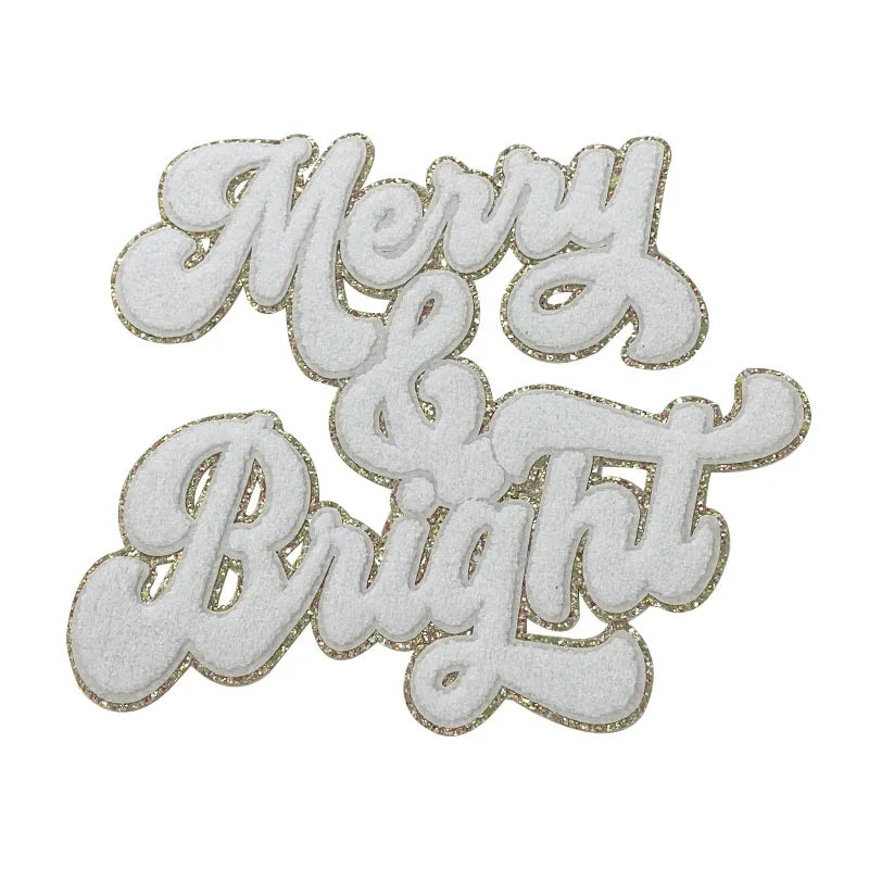 Popular 11IN Red Merry Bright Chenille Patch for Hoodies Christmas Iron-on Patches with Sequins PVC Christmas Hoodie Decoration