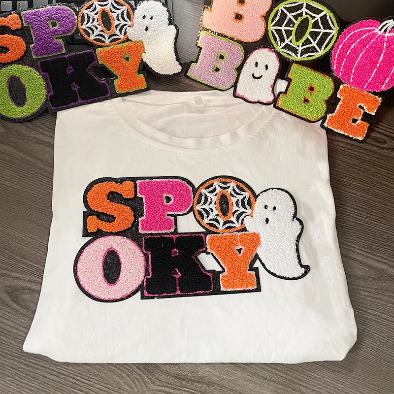 Wholesale Big Halloween Iron on Letter Patches Girl Colorful Chenille Pumpkin Ghost Spooky Chenille Patch for Man Women Clothes