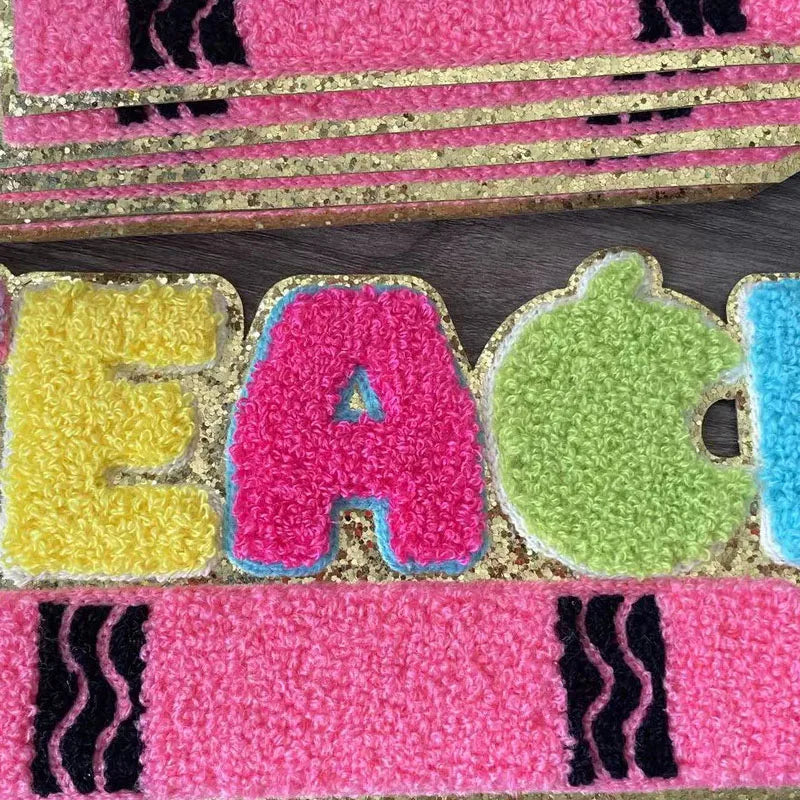 Wholesale Chenille Letter Patches Iron on Girl Colorful School Women Big Teach Pencil Letter Chenille Patch for Hoodies