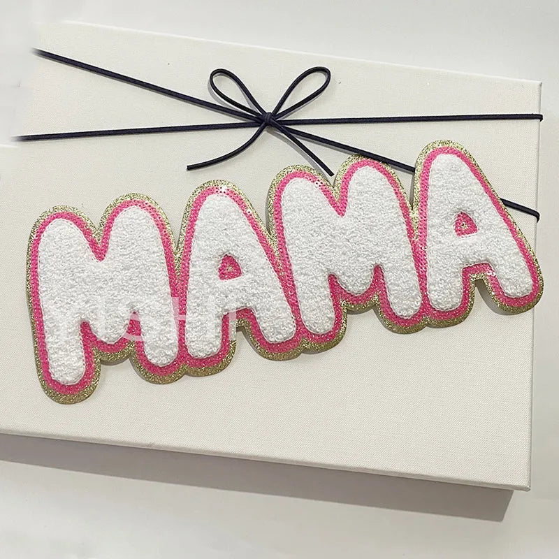 New Arrival MAMA Chenille Patch Iron on Hoodies Letters Heat Press Hot Pink MAMA Sequin Patches for Clothing Decoration Women
