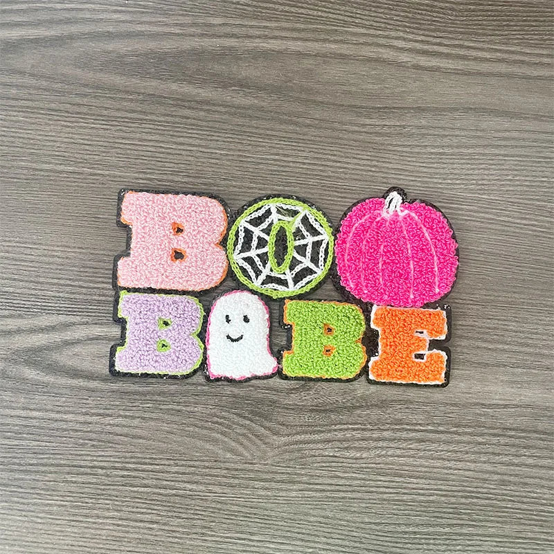 Wholesale Big Halloween Iron on Letter Patches Girl Colorful Chenille Pumpkin Ghost Spooky Chenille Patch for Man Women Clothes