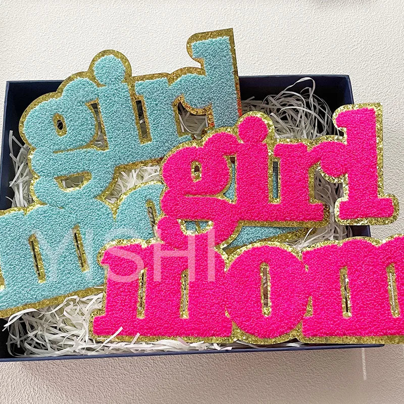 Wholesale 11IN Big Iron on Letters Patches Girl Mom Hot pink Heat Press Chenille Mom Patches for Clothing Bag Decoration