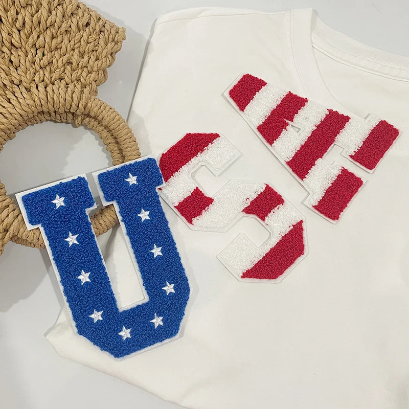 High Quality USA Chenille Patch Tshirt 4th of July 14CM USA Star Chenille Letter Patches Iron on for Clothing Independence Day