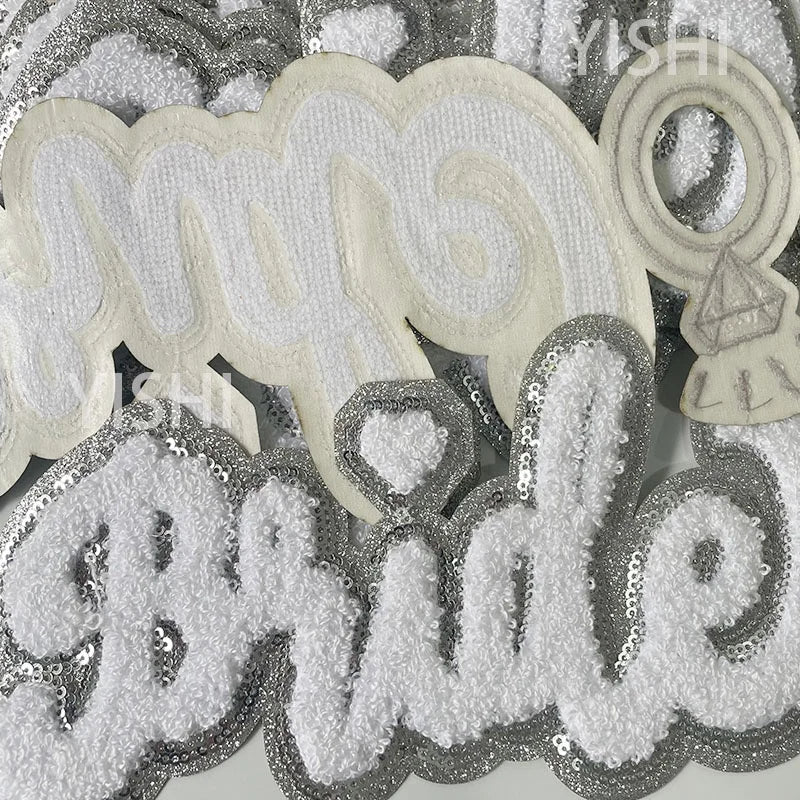 Trendy Large White Chenille Patch Iron on Women Girl Sequin Bride Chenille Patch for Hoodies Clothing Decoration