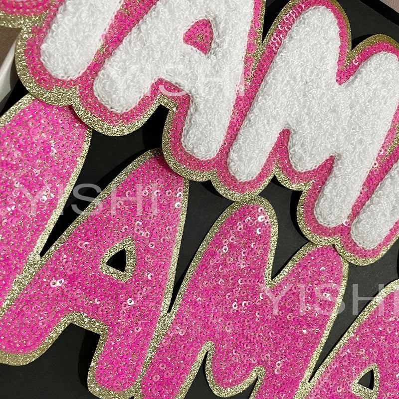 New Arrival MAMA Chenille Patch Iron on Hoodies Letters Heat Press Hot Pink MAMA Sequin Patches for Clothing Decoration Women
