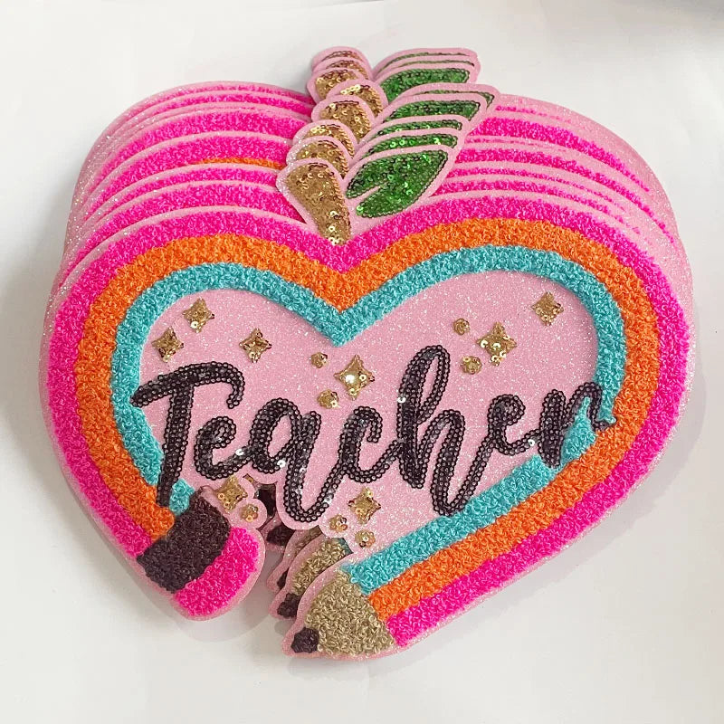 Wholesale Teacher Pencil Chenille Patch Iron on Back to School Sequin Teacher Chenille Patches for Hoodies Clothing Decoration