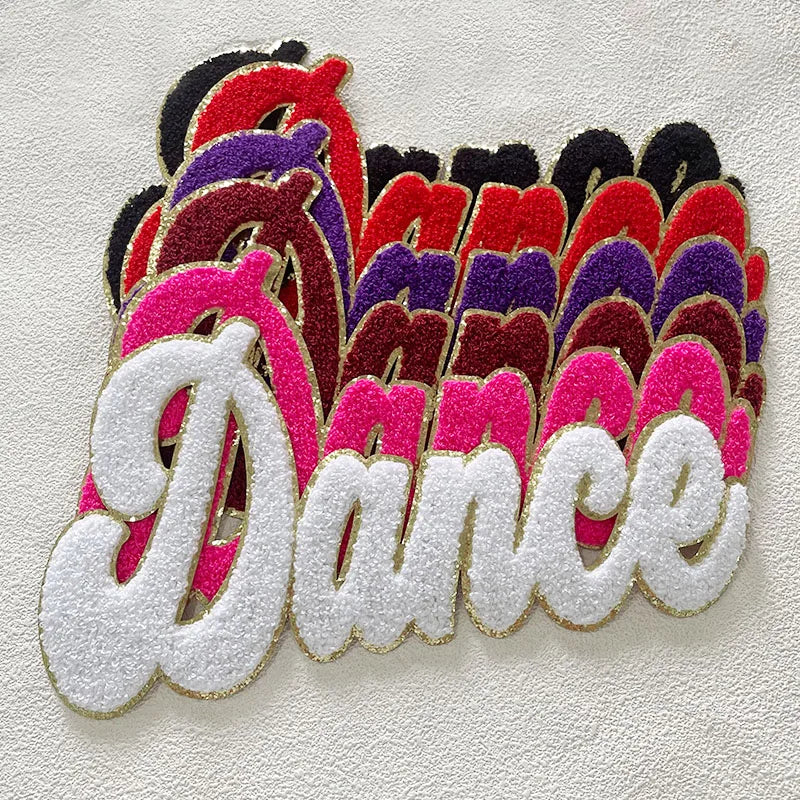 Wholesale Heat Transfer Chenille Patch Hoodies Letters Patches Chenille Colorful Dance Iron on Patch for Clothes