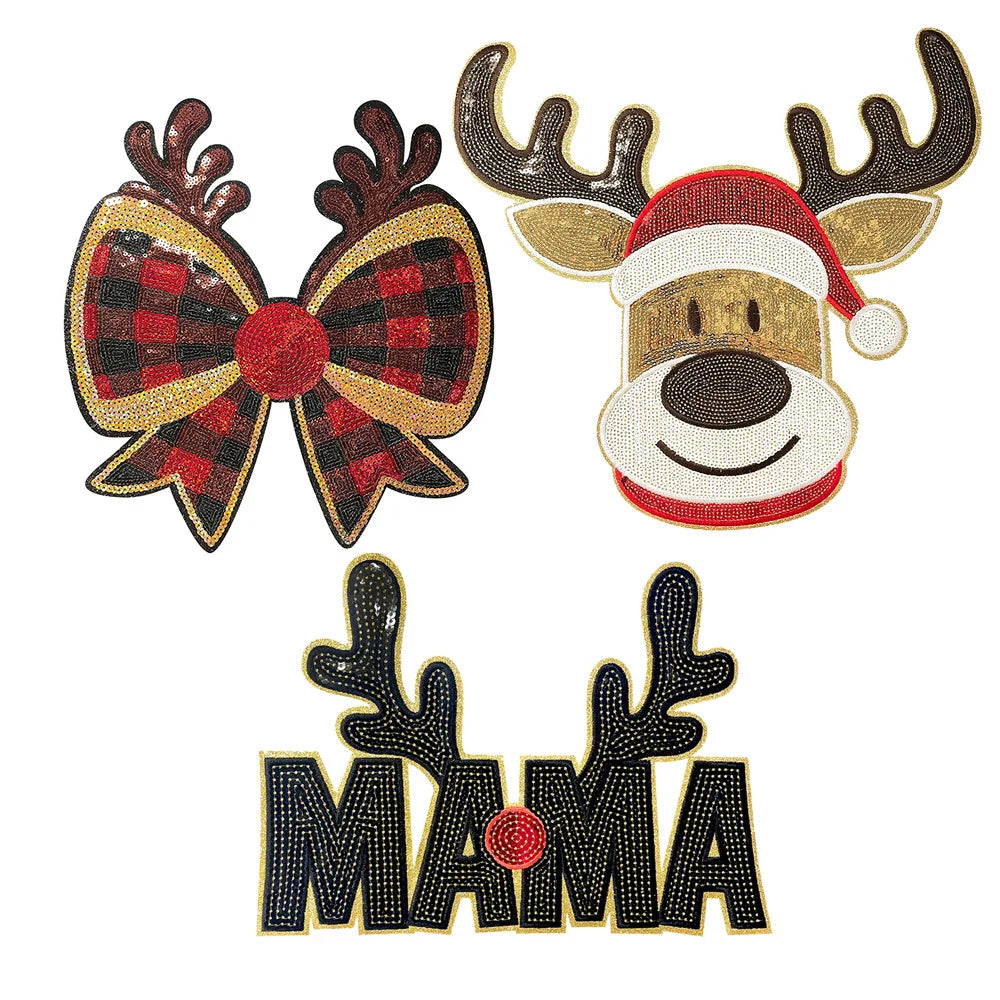 Wholesale Holly Jolly Bow Elk Tree Holiday Chenille Patches Heat Press Custom Sequin Christmas Iron on Patches for Women Man