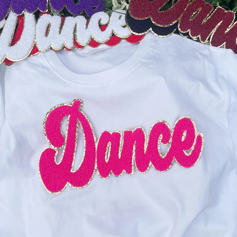 Wholesale Heat Transfer Chenille Patch Hoodies Letters Patches Chenille Colorful Dance Iron on Patch for Clothes