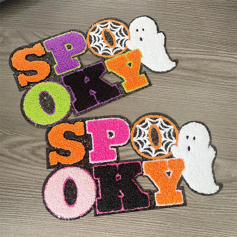 Wholesale Big Halloween Iron on Letter Patches Girl Colorful Chenille Pumpkin Ghost Spooky Chenille Patch for Man Women Clothes