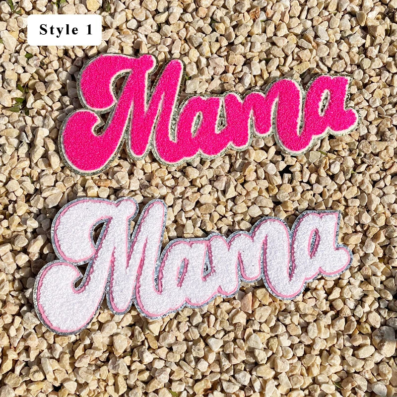 Wholesale 11 Inches Chenille Mama Patch Letter Custom Iron on Hot Pink Women Towel Mama Chenille Patch for Mom Clothing