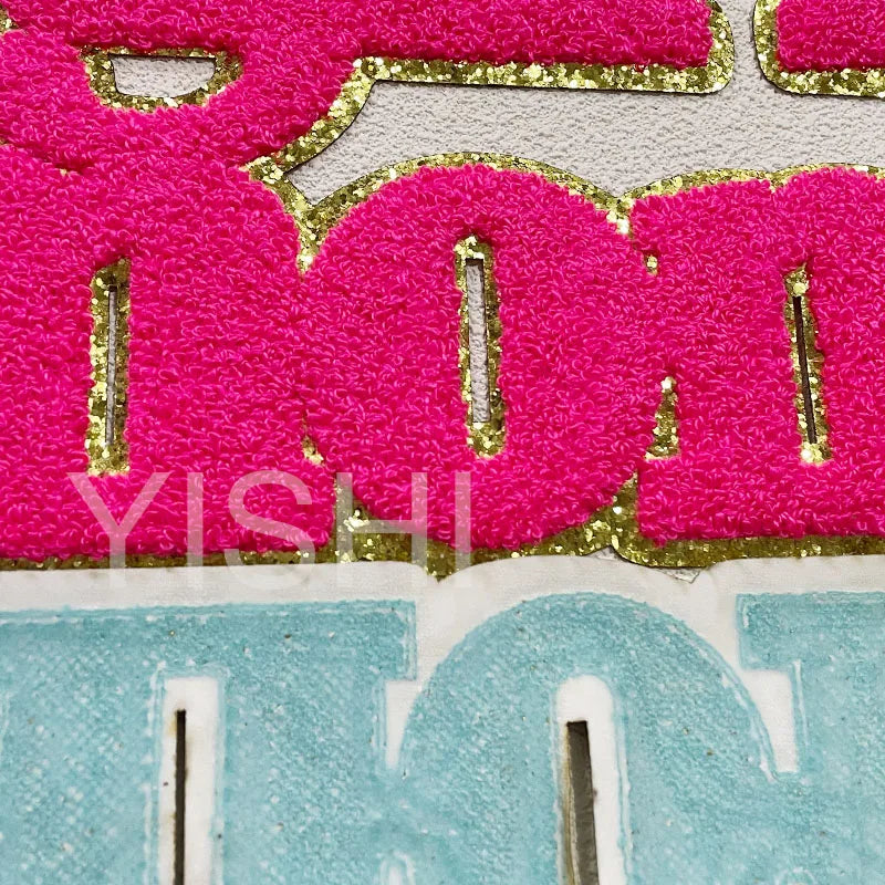 Wholesale 11IN Big Iron on Letters Patches Girl Mom Hot pink Heat Press Chenille Mom Patches for Clothing Bag Decoration