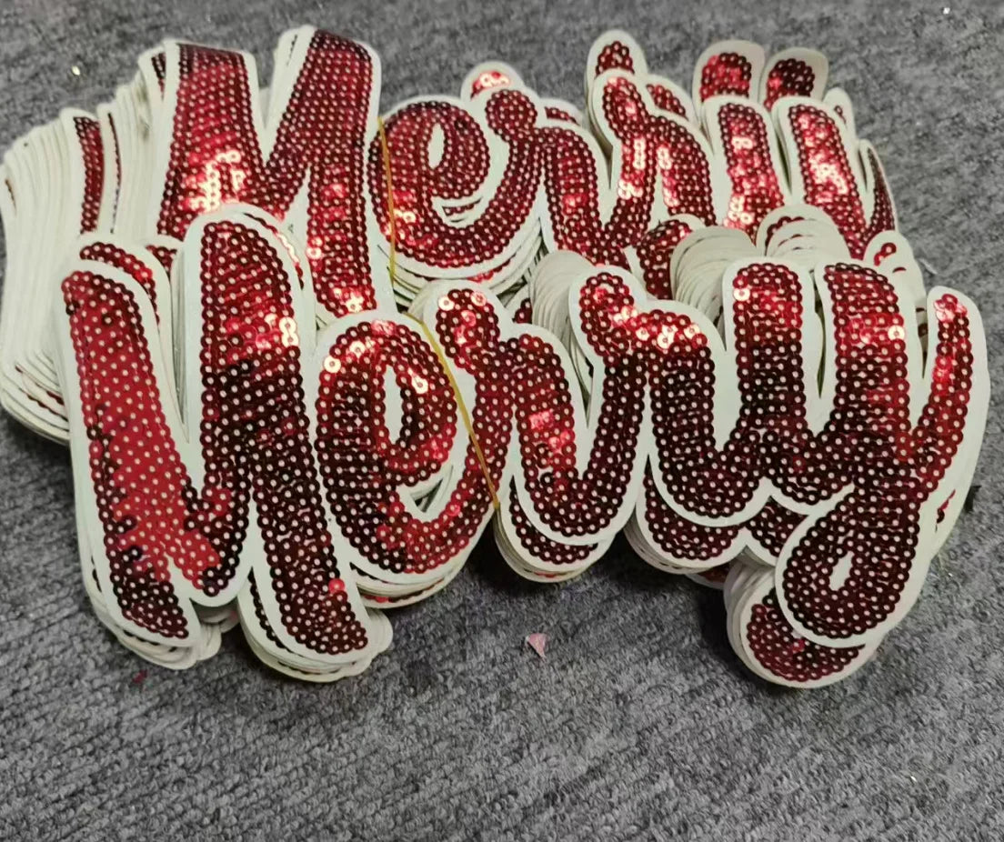 Wholesale Holly Jolly Bow Elk Tree Holiday Chenille Patches Heat Press Custom Sequin Christmas Iron on Patches for Women Man