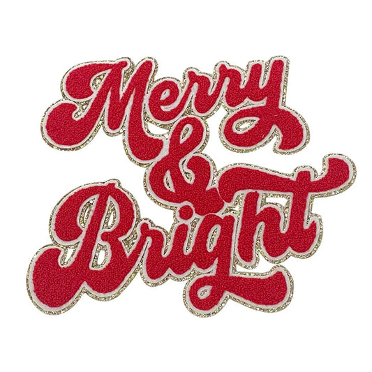 Popular 11IN Red Merry Bright Chenille Patch for Hoodies Christmas Iron-on Patches with Sequins PVC Christmas Hoodie Decoration