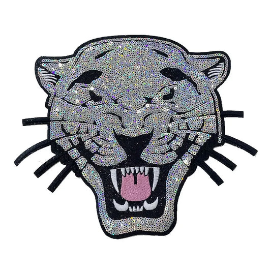 Fashion Large Bling Sequin Cougar Head Patches Iron on Wholesale Mascot Sequin Patches for Women Man Sweatshirt Hoodie Clothing