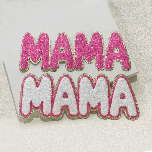New Arrival MAMA Chenille Patch Iron on Hoodies Letters Heat Press Hot Pink MAMA Sequin Patches for Clothing Decoration Women