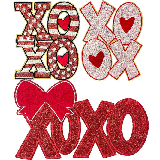 Wholesale Large Valentine Chenille and Sequin Patch Heat Press Iron on Red XOXO Sequin Patches for Women Man Sweaters Shirts