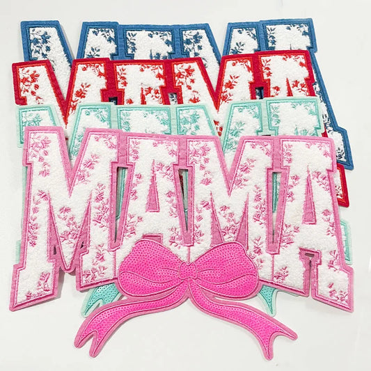 Wholesale Big Mama Patch Women Clothing Decoration Iron on Embroidery Mama Chenille Patch With Sequin Bow for Mom Gift