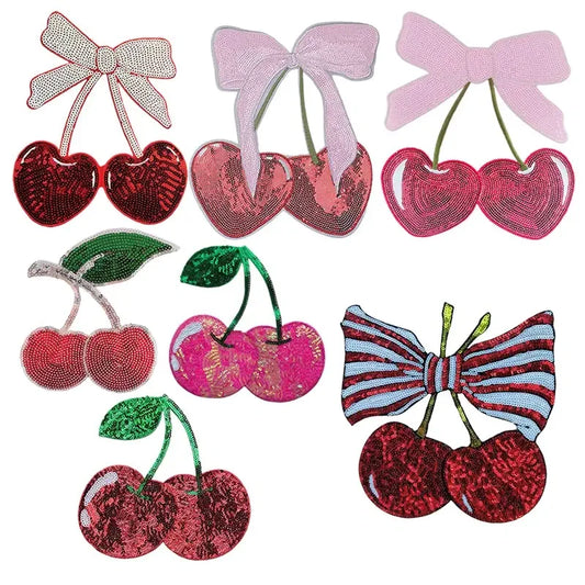 Wholesale Cute Valentine Sequin Patches Iron on Red Pink Heart Bow Cherry Sequin Patch for Women Girl Kid Sweaters Shirts Bag