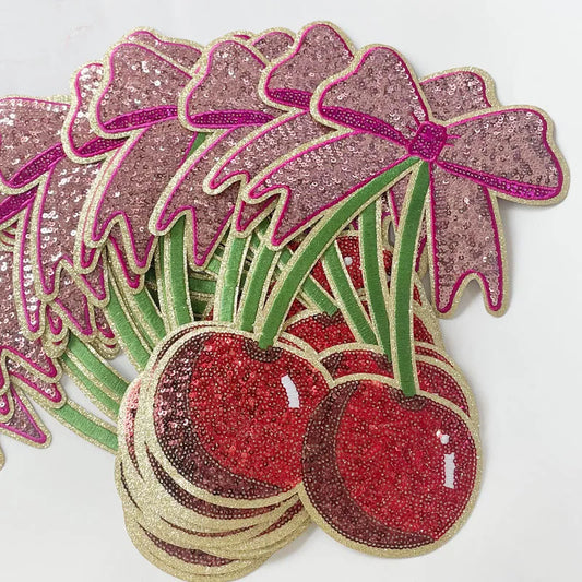 Wholesale Sequin Patches Iron on Women Garment Accessories Big Bow Tie Cherry Sequin Embroidery Patches for Clothing DIY