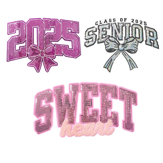 Wholesale Big Decorative New Year Patch Sweet Heart Word Iron on Sequin Patches Class of 2025 for Clothing Bag