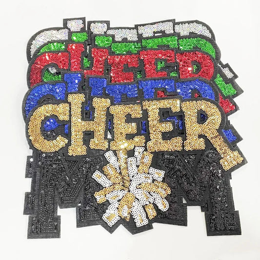 26CM Iron-On Cheer Mom Pom Pom Patch 5 Color Sequins for MAMA Hoodie Clothing