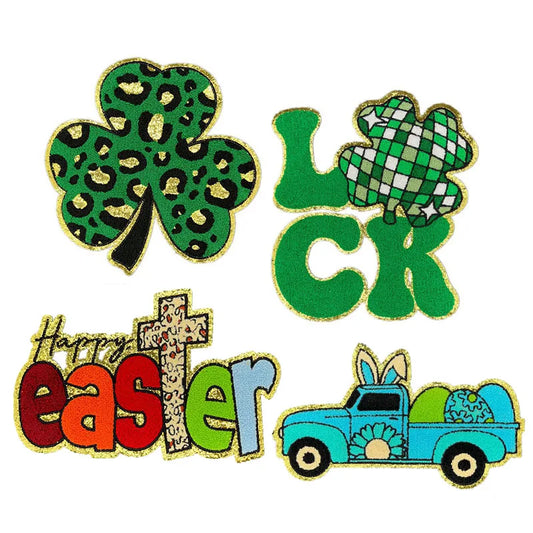 Wholesale Big St. Patrick's Day Leaf LUCK Easter Chenille Iron on Patch for Women Girl Sweaters Shirts Decoration