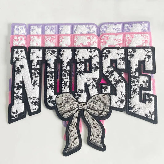 Nurse Chenille Patch Iron on Sequin Bow Patches Nurse