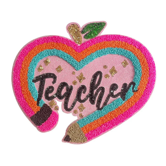 Wholesale Teacher Pencil Chenille Patch Iron on Back to School Sequin Teacher Chenille Patches for Hoodies Clothing Decoration