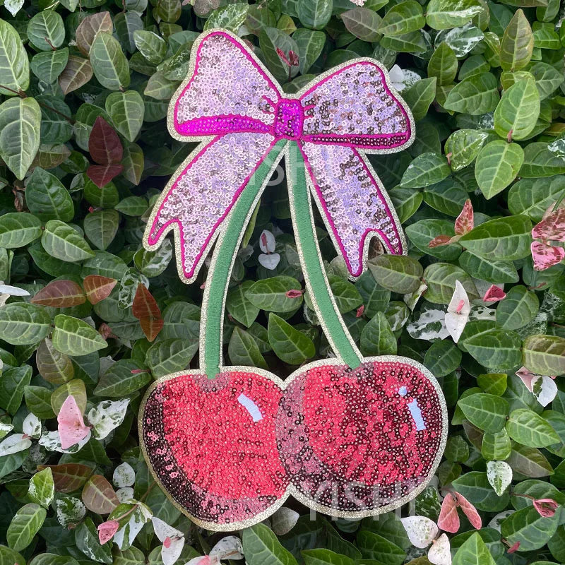 Wholesale Sequin Patches Iron on Women Garment Accessories Big Bow Tie Cherry Sequin Embroidery Patches for Clothing DIY