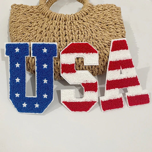 High Quality USA Chenille Patch Tshirt 4th of July 14CM USA Star Chenille Letter Patches Iron on for Clothing Independence Day