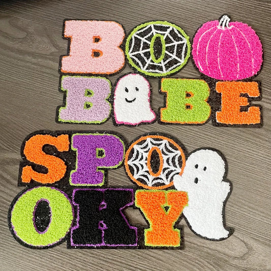 Wholesale Big Halloween Iron on Letter Patches Girl Colorful Chenille Pumpkin Ghost Spooky Chenille Patch for Man Women Clothes