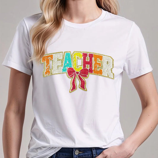 11IN Iron on Sequin Patch Back to School Heat Press Hot Melt Teacher Bow Large Patch for DIY Gift Sweatshirt Backpack Totebag