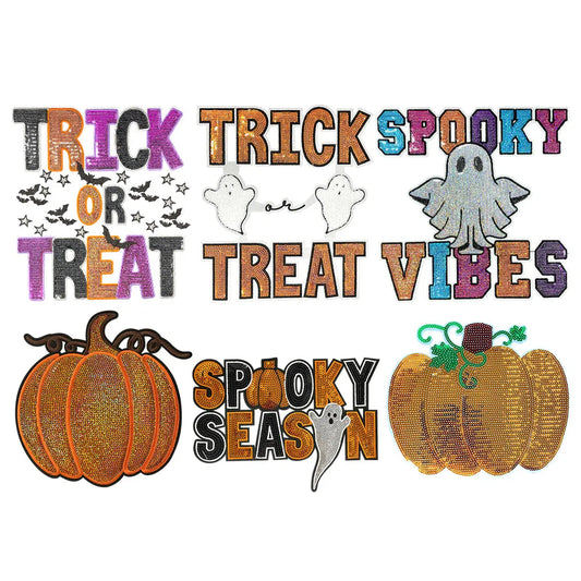 Trendy Big Sequin Pumpkin Patches Iron on Spooky Season New Festive Thanksgiving Halloween Ghost Patches for Women Sweatshirt