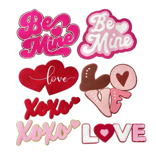 Wholesale Big Pink Be Mine Love XOXO Heart Iron on Chenille Patches Valentines Day Gift for Women Girl Clothing Bag